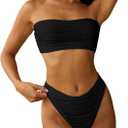 ZAFUL Women Strapless Textured Bandeau Bikini 2 Piece Swimwear Cheeky Solid Lace up Bathing Suits (Black, S)