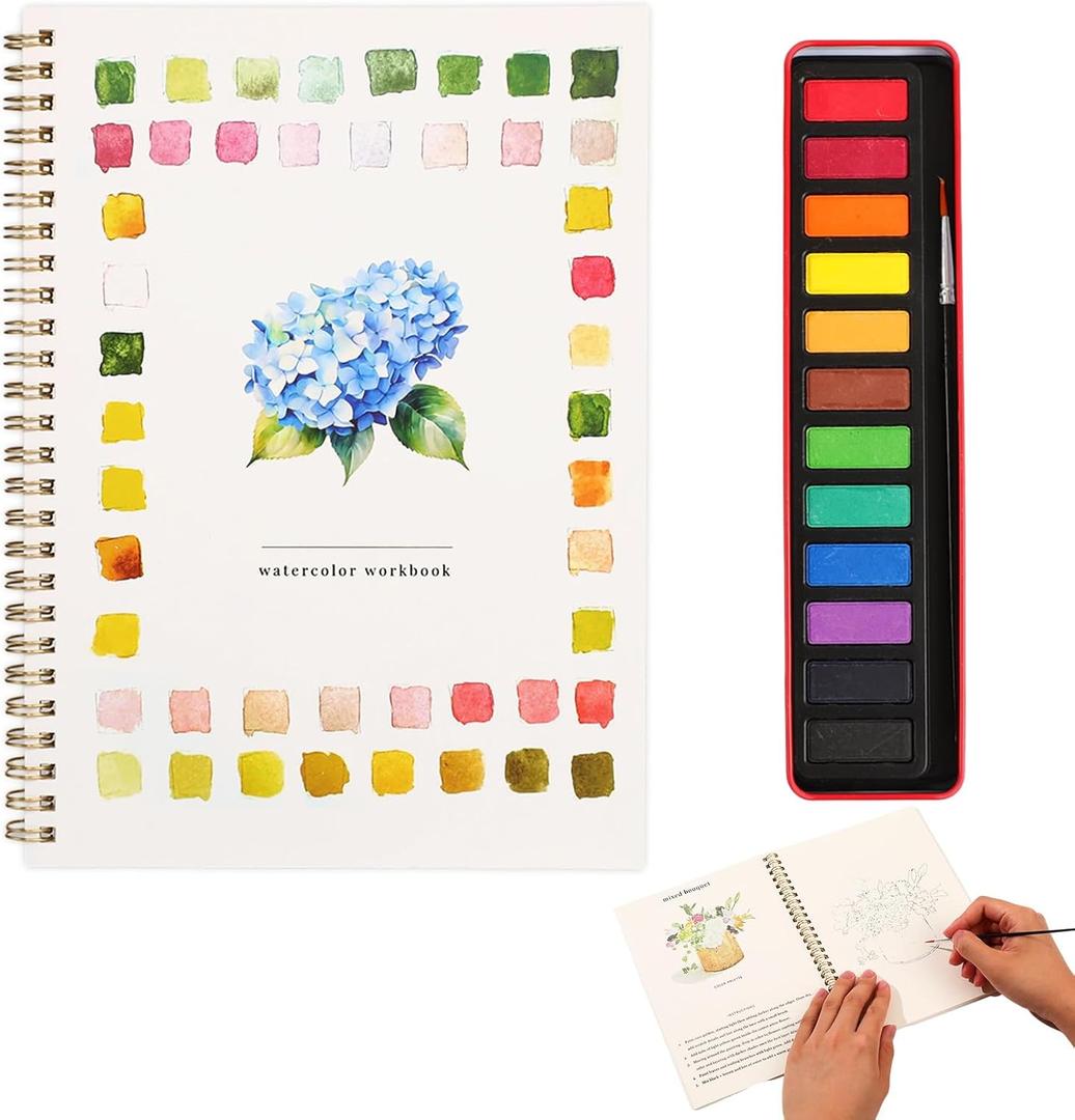 Watercolor Workbook, Water Coloring Book, Watercolor Paint Set, Beginner-Friendly WatercolorWorkbooks, with 12 Colors Watercolor Paint Set with Paint Brush, Watercolor Book for Adults(Flower B)