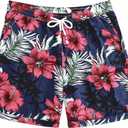 JOGAL Men's Hawaiian Beach Shorts Summer Casual Tropical Flower Flat Front Aloha Shorts with Pocket Navy XX-Large