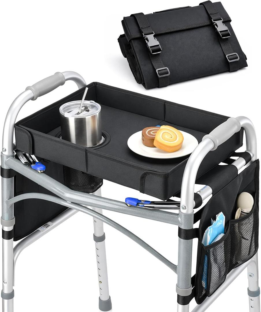 FANGSUN Walker Tray for Folding Walker Foldable Tray for Walkers with Side Pockets & Cup Holder, Spill-Proof, Easy Install with Straps, Fits Rolling Walkers with Side Bars, for Meals & Drinks