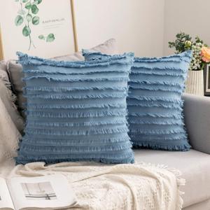 MIULEE Set of 2 Decorative Boho Throw Pillow Covers Linen Striped Jacquard Pattern Cushion Covers for Sofa Couch Living Room Bedroom 18x18 Inch Blue