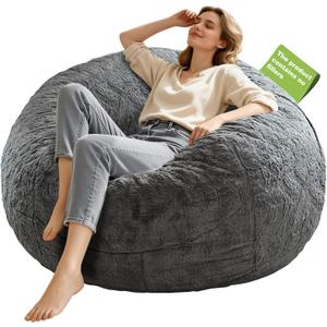 Bean Bag Chair Cover Without Filler,Big Round Soft Fluffy PV Velvet Washable Bean Bag Lazy Sofa Bed Cover for Adults,Living Room Bedroom Furniture Outside,4ft Dark Grey(No Filler)