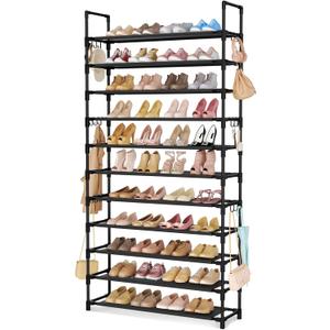 LANTEFUL 11 Tiers Tall Shoe Rack Holds 55 Pairs of Shoes with 18pcs Hooks Sturdy Wide Shoe Organizer Storage Free Standing Metal Shoe Shelf for Closet, Entryway Black