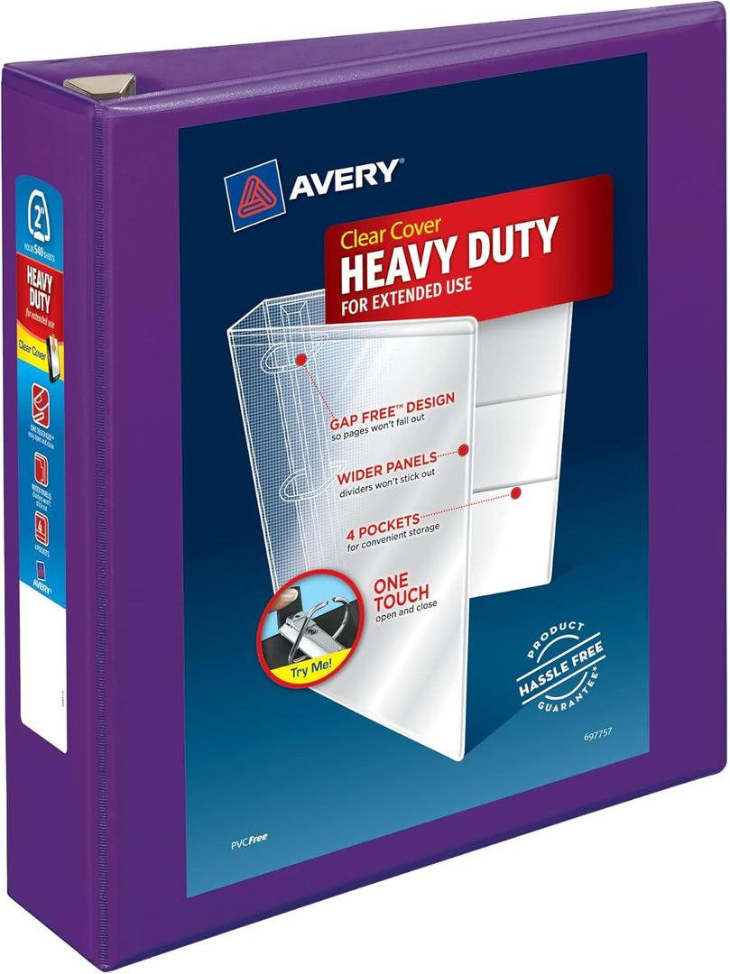 Heavy-Duty View 3 Ring Binder, 2" One Touch EZD Rings, 540-Sheet Capacity, 2.8 Inch Wide Spine, Great for Home, School Supplies, Office, or Organization Needs, 1 Purple Binder (79777)