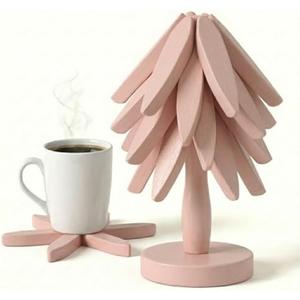 Wooden Trivets for Hot Dishes – Tree Trivet Set with 4 Foldable Wooden Trivets & 1 Stand, Heat-Resistant, Space-Saving Trivet Tree for Pots, Bowls & Teapots (Blush)