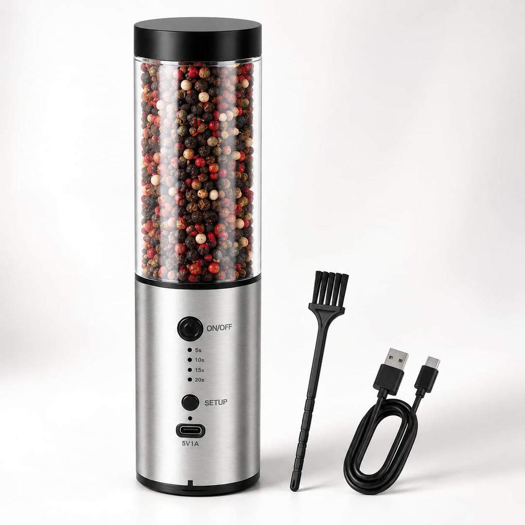 Electric Salt and Pepper Grinder Set, 240ML Large Capacity Rechargeable Salt & Pepper Mill, Stainless Steel, Adjustable Coarseness, USB-C Charging - Kitchen Essentials, Birthday Gifts for Women. (1)