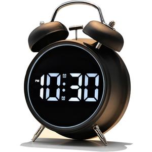 Extra Loud Alarm Clock for Heavy Sleepers Adults, Teens,Kids,Cute Retro Metal,Old Fashioned with Twin Bells,Battery Operated or Plug in,Small Digital Desk Clock (Matte-black)
