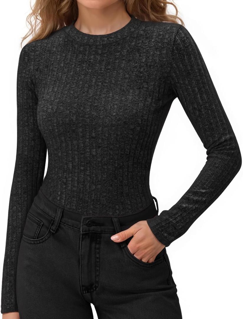 MANGOPOP Long Sleeve Shirts for Women Thermal Ribbed Crew Neck Lightweight Sweater Fitted Fall Winter Womens Tops 2025 Trendy (Gray, M)