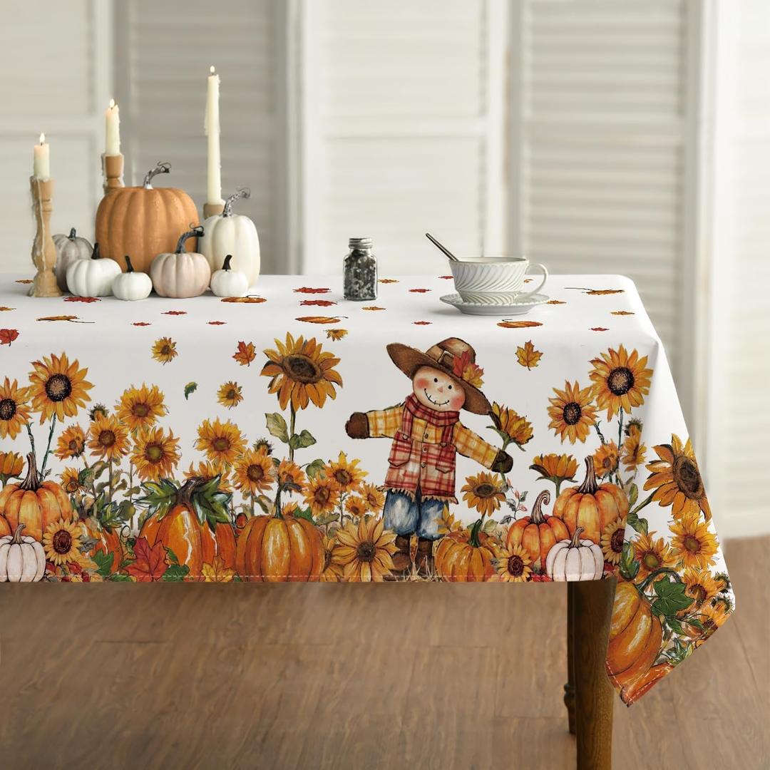 Horaldaily Fall Tablecloth 60x120 Inch Rectangular, Scarecrow Pumpkin Sunflower Autumn Harvest Washable Seasonal Table Cover for Party Picnic Dinner Decor (White)