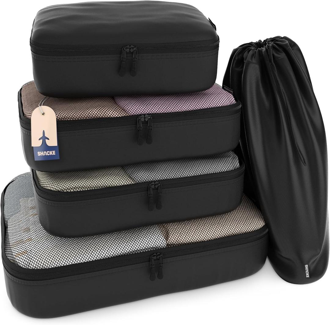 Shacke Premium 5 Packing Cubes Set - Lightweight Mesh Travel Luggage Organizers with Laundry Bag, 5-Piece Suitcase Storage System (Air Black) Shacke Premium 5 Packing Cubes Set - Lightweight Mesh Travel Luggage Organizers with Laundry Bag, 5-Piece Suitcase Storage System (Air Black)