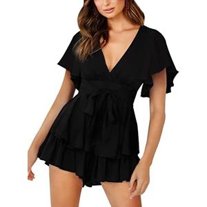 Relipop Women's Floral Rompers Jumpsuits V Neck Short Baggy Sleeve Waist Tie Double Layer Ruffle Hem Romper 2025 Trendy XL