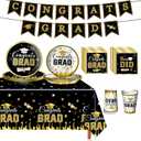 2025 Graduation Party Decorations, Black and Gold Decorations Party Supplies with Paper Plates, Napkins, Tablecloth, Cups, Banner for Grad Favors Supplies, Grad Tableware Kit Serves 24