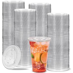 200pcs Clear Flat Lids Plastic Disposable PET Cup Lids with Straw Slot Fits 14, 16, 20, & 24 oz Cups for Iced Coffee, Milkshake, Ice Cream,Smoothy, Party Supplies
