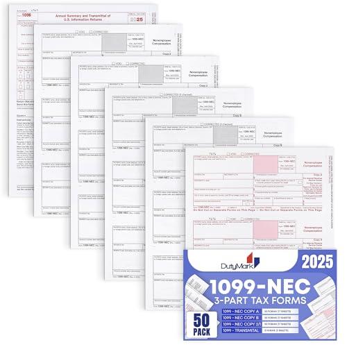 1099 NEC Forms 2025, 50 Pack 3 Part Laser Tax Forms Kit Pack of Federal/State Copy's, 1096's. Great for QuickBooks and Accounting Software, 2025, 1099-NEC 50 Pack