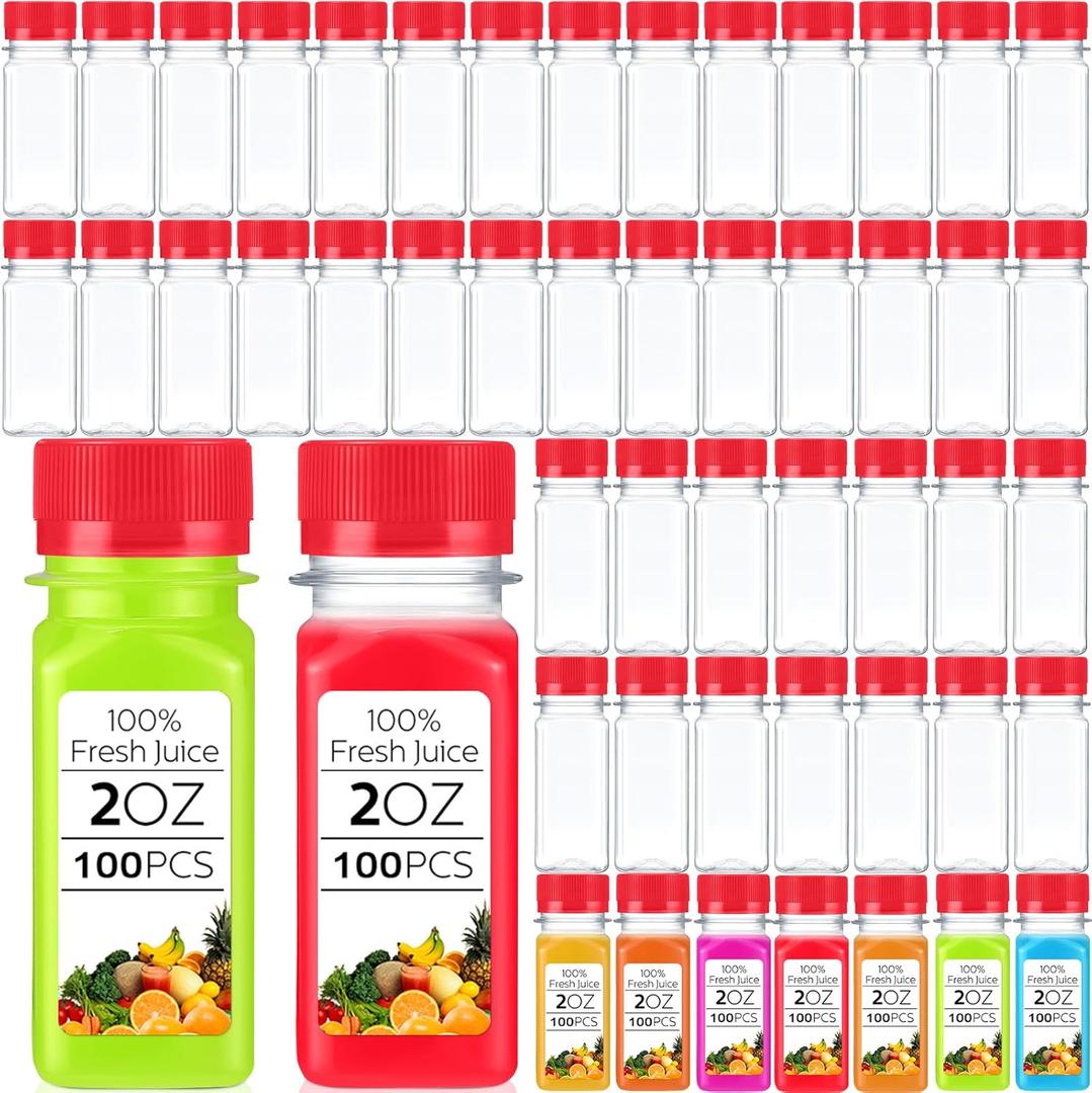 Roshtia 100 Pcs 2oz Small Clear Plastic Juice Bottles with Lid for Liquids Reusable Ginger Shots Bottle Vial Beverage Container Leak Proof Mini Jars for Juice, Milk, Water(Red)