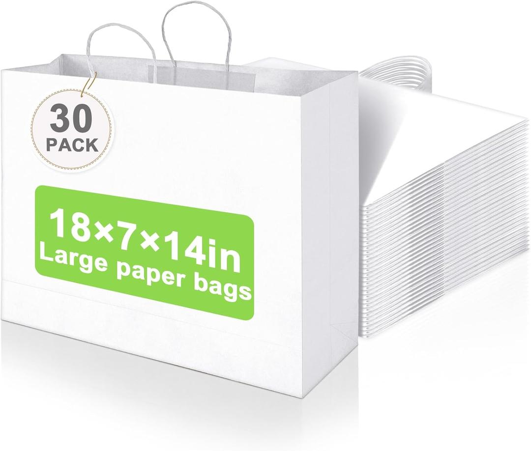 Maitys 30 Pcs 18x14x7 Inch Large Paper Gift Bags with Handle Bulk Paper Bags for Business, Merchandise, Gifts, Shopping, Retail Stores, Birthday Party for Multiple Uses(White)
