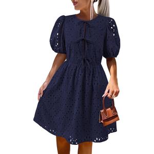 KIRUNDO Eyelet Summer Dresses for Women 2025 Short Sleeve Tie Front Babydoll A Line Wedding Guest Beach Vacation Sundress(Navy, Large) (Blue, XL)