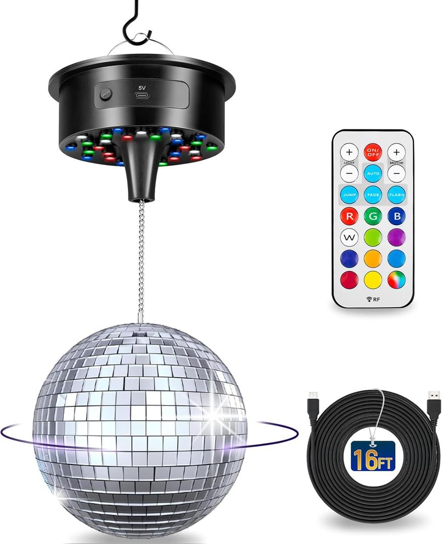 Disco Ball with Motor and 6 Inch Mirror Ball, Rotating 0/3/6/9/12/15 RPM Variable Speed,12 Lighting Colors and 4 Light Modes, 16 FT USB Power Cable and Remote Control, for Party Wedding Christmas