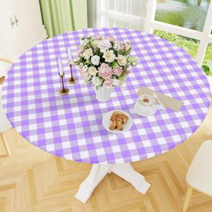 Smiry Round Picnic Tablecloth, Elastic Waterproof Fitted Vinyl Tablecloths for 57"-68" Tables, Flannel Backed Buffalo Plaid Table Cover for Dining, Camping, Outdoor, White and Purple