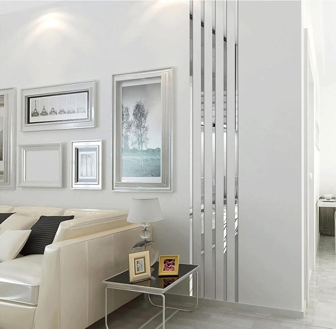 19.7 Ft. Self-Adhesive Flexible Wall Sticker, Vibrant Acrylic Mirror Stickers, Removable Decals Stickers for Wall Frames/Wallpaper Border/Waist Lines(Silver) (0.6in Width)