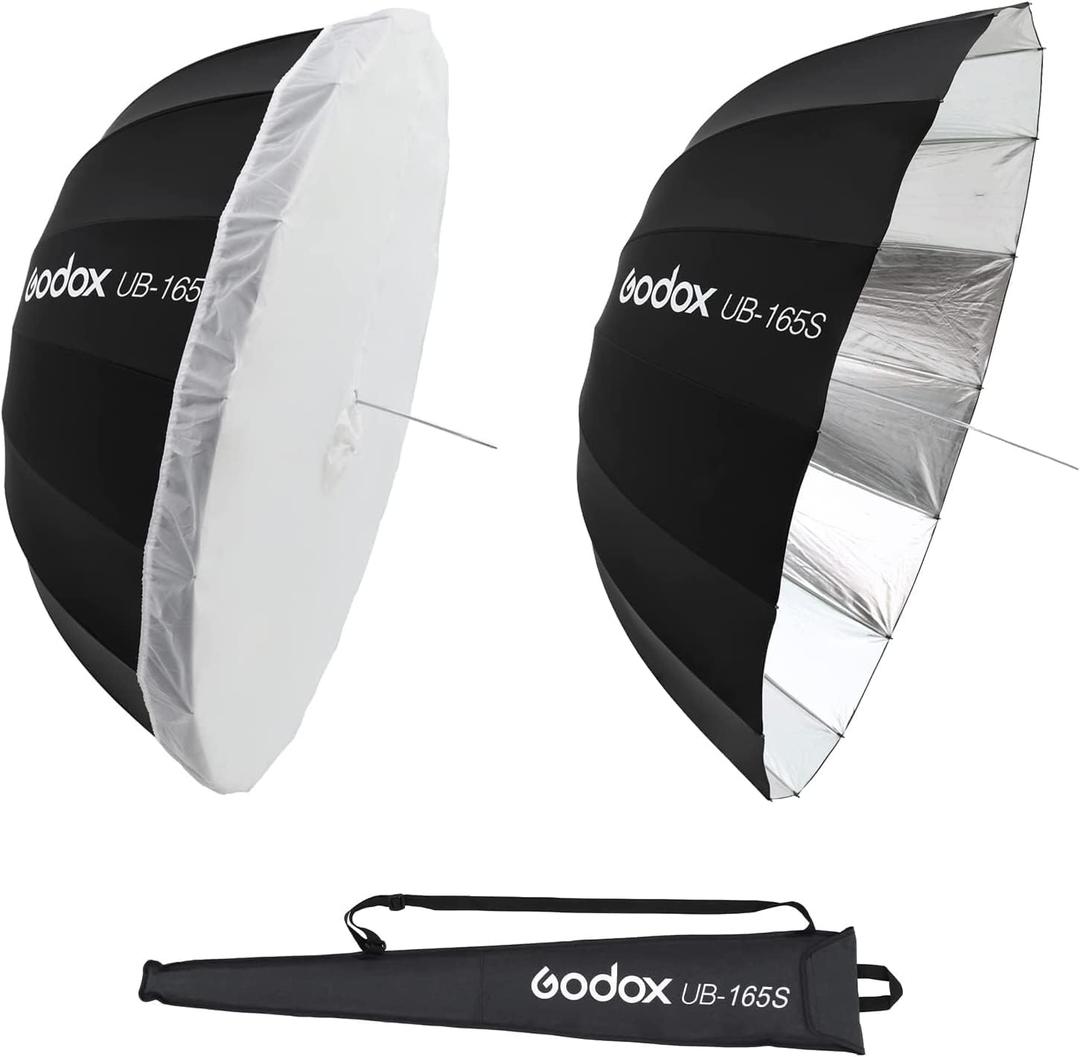 Godox UB-165S 65in 165cm Large Silver Reflective Umbrella Studio Soft Light 65" Large Deep Parabolic Umbrella with Withe Diffuser Cover for Photography Video Studio Shooting