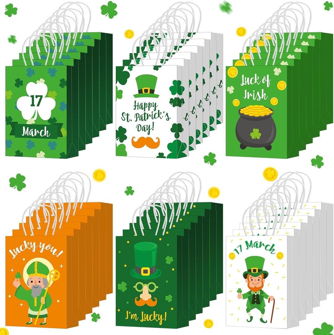 Fumete 48 Pcs St. Patrick's Day Gift Bags with Handles 6.3 x 3.15 x 8.66 Inch Irish Clover Shamrock Leprechaun Green Paper Treat Bags for Holiday Classroom Party Favors Gift Wrap Supplies