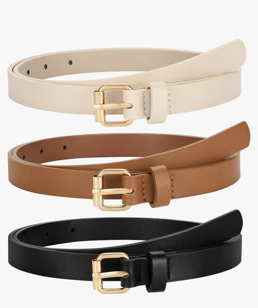 3 Pack Women Skinny Leather Belt for Jeans Pants Dress Ladies Thin Waist Belt with Gold Buckle 58 in