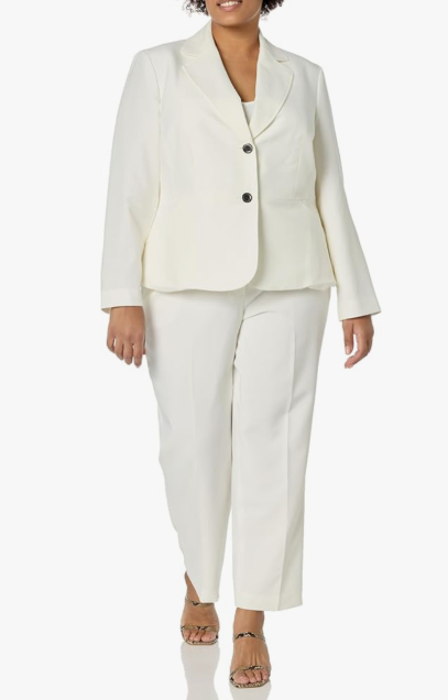 Le Suit Women's Plus Size 2 Button Inset Waist Jacket & Elastic Back Pant, 10
