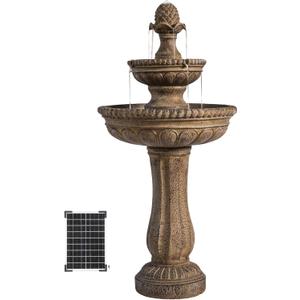 XBrand 39" 2-Tier Outdoor Freestanding Solar Water Fountain  Classic Sand Stone Resin Bird Bath with Pump  Solar Powered Garden Decor for Patio, Yard, Porch, and Lawn (Brown)