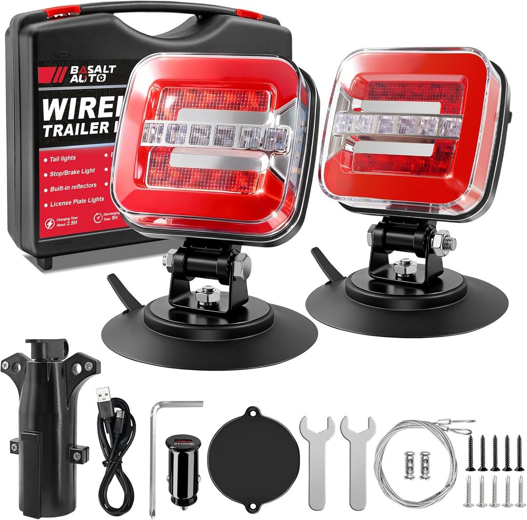 Wireless Trailer Lights Magnetic LED Trailer Tow Lights Set of 2 for Trucks Boat RVs Campers Caravan with Tail Lights/Brake Lights/Turn Signal/Reverse/License Plate Lights/Reflector 5023B (All-in-One Standard)