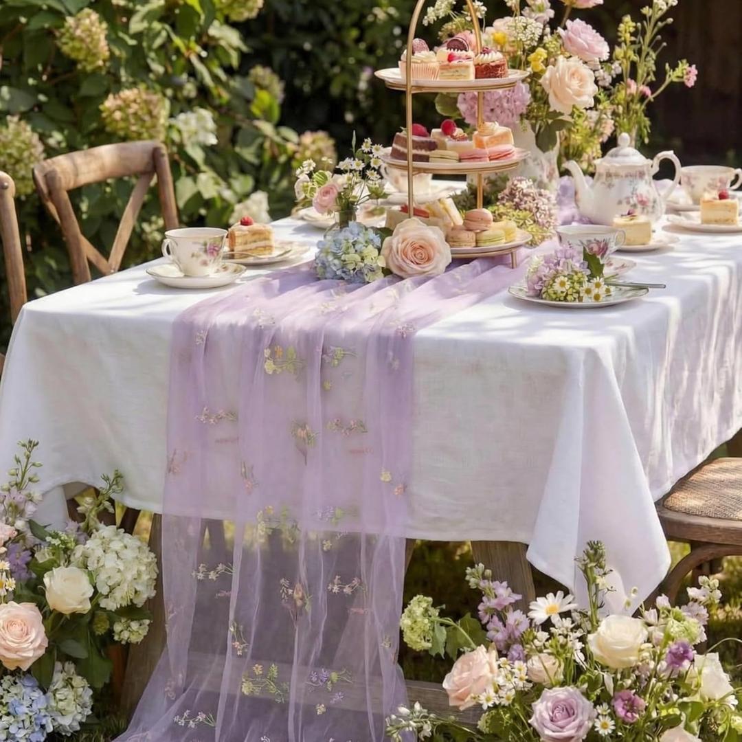 Remagr 9.8 ft Purple Flower Table Runner Embroidery Flower Seasonal Table Decorations Tulle Fabric for Home Indoor Decor, Bridal Shower Wedding, Baby Shower Parties, Holiday DIY Craft Kitchen Decor