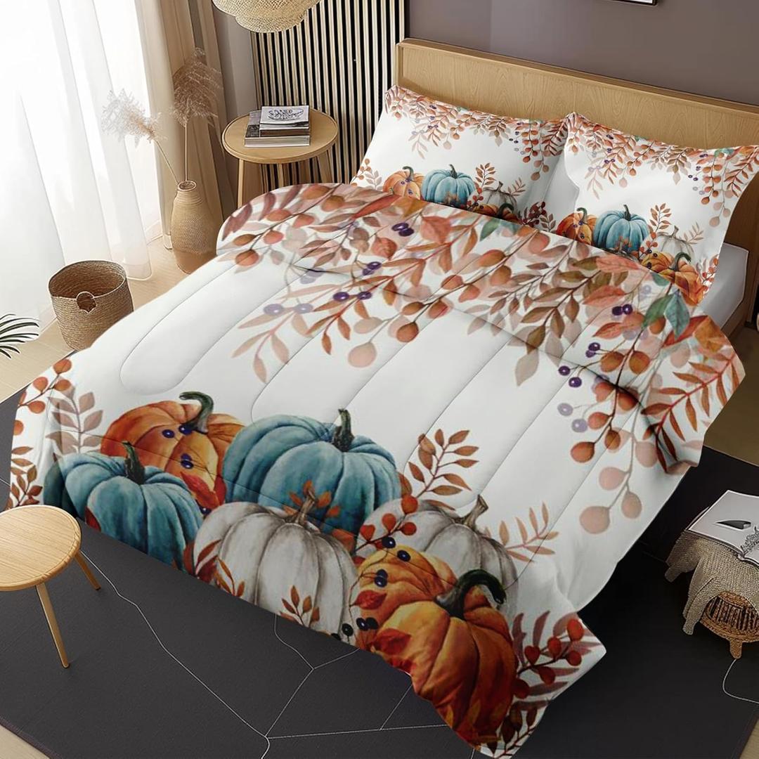 Pumpkin Orange Blue Comforter Set for Toddlers Teens Adults King, Autumn Leaves Botanical Bedding Sets Water Washed Microfiber Bedding with 1 Comforter 2 Pillowcase All Season