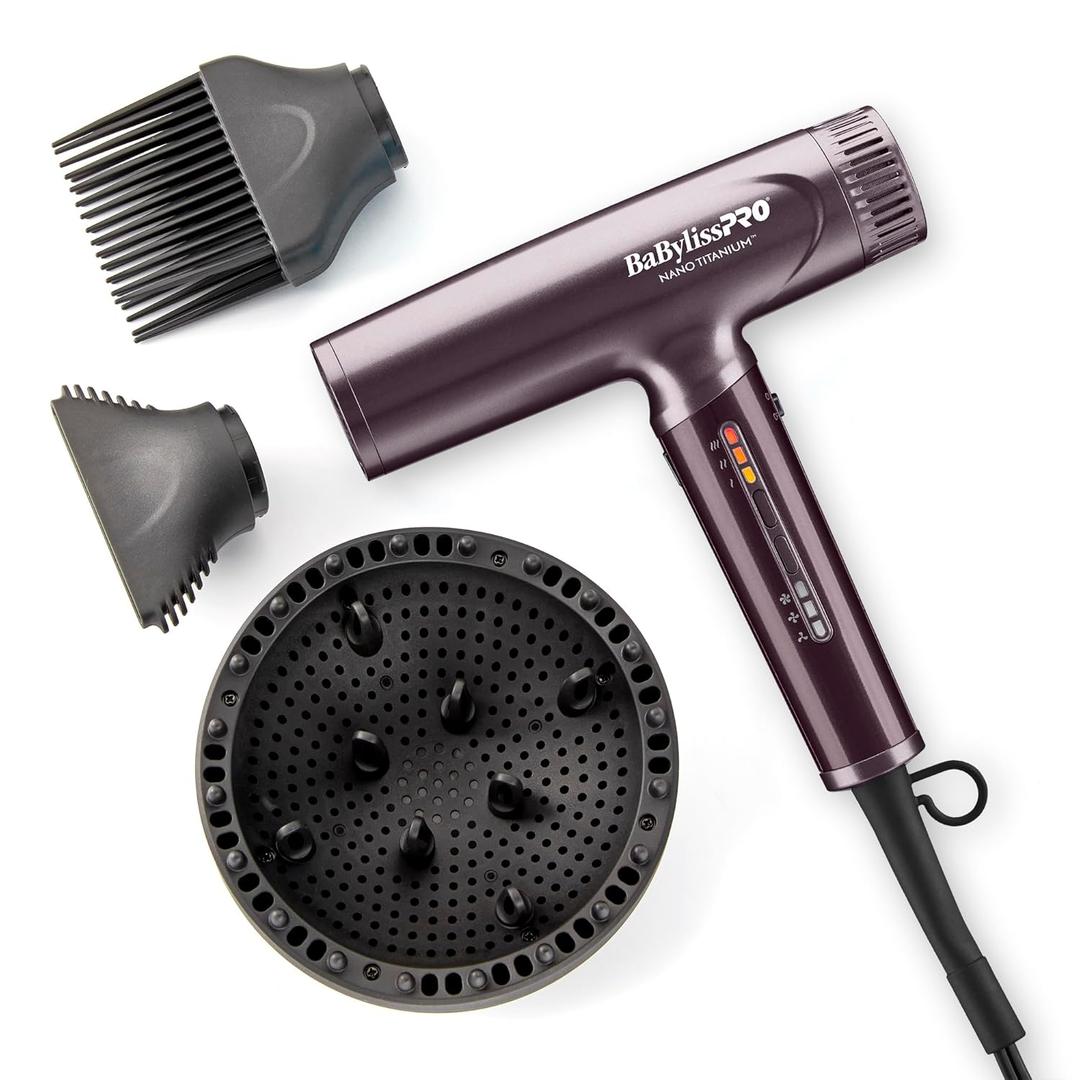 BaBylissPRO Nano Titanium Professional Nano Light Ionic Dual-Voltage Lightweight Hair Dryer, Portable Travel Professional Styling Tool with Diffuser, Blow Dryer Set for All Hair Types