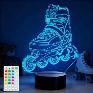 Roller Skate Night Light, Skater Gifts, 3D Illusion Lamp with 16 Colors Changing, Remote Control with Timer, Roller Skate Ornament Accessories for Kids Holiday Birthday Christmas