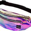 Vibe Festival Gear Fanny Pack for Men Women - Many Prints - Black Holographic Silver Gold Cute Waist Bag for Festival Rave Hiking Running Cycling (Fits Most, Purple Iridescenct)