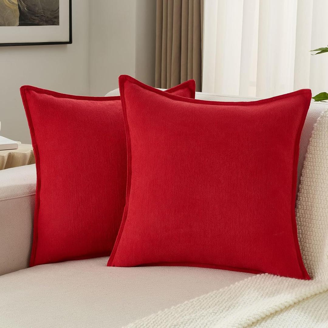 FUTEI Pack of 2 Solid Chenille Throw Pillow Covers 18x18 Inch Soft Edge Decorative Cushion Cases Farmhouse Accent for Couch Bed Living Room, Red