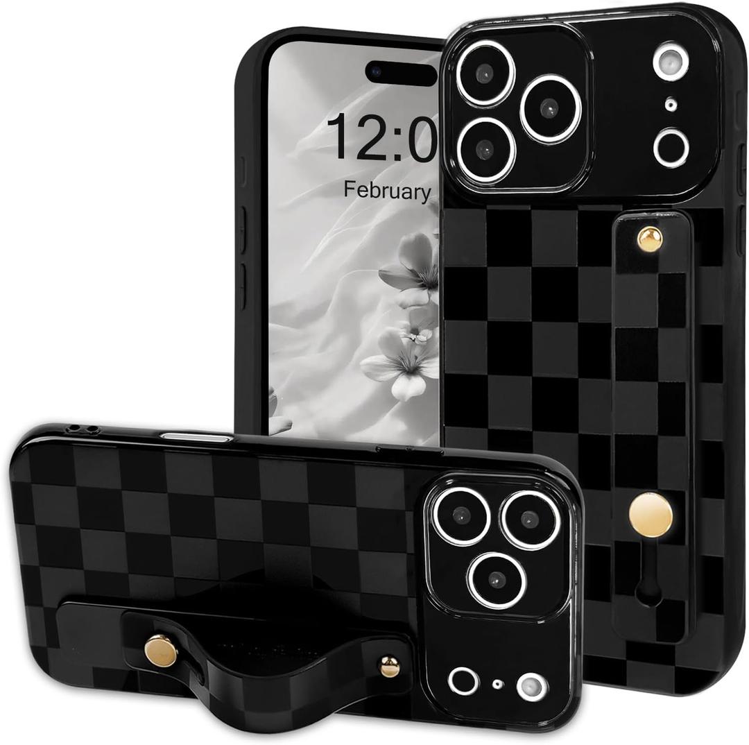 NITITOP Compatible for iPhone 17 Pro Case with Wrist Strap Kickstand Cute Trendy Checkerboard Plaid for Women Girls Slim Fit TPU Shockproof Full Camera Protective Cover - Black