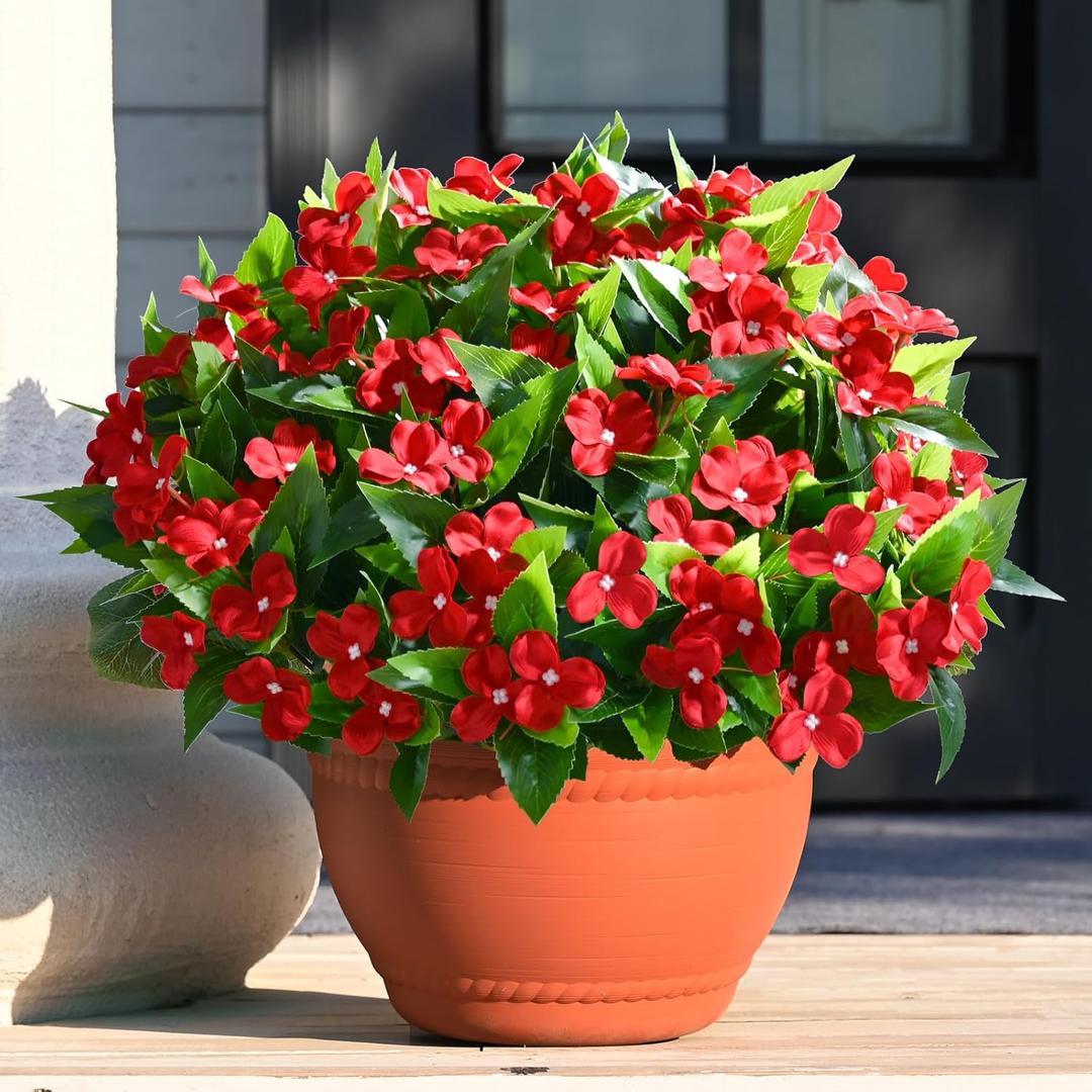 Waipfaru 5 Pcs Artificial Flowers for Outdoors, UV Resistant Faux Flowers for Outdoor Planters, Silk Impatiens Bouquet Red Spring Artificial Plants for Garden Porch Patio Balcony Yard Decoration