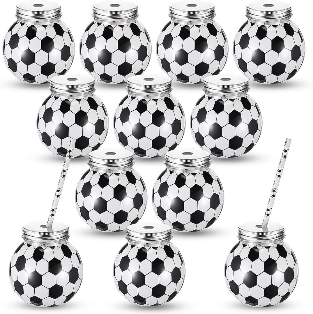 Baderke 12 Set Soccer Cups with Straws and Lids 10oz Plastic Soccer Ball Shape Cups Bulk Sports Theme Bottle for Drink Birthday Sports Party Favors Decor Supplies