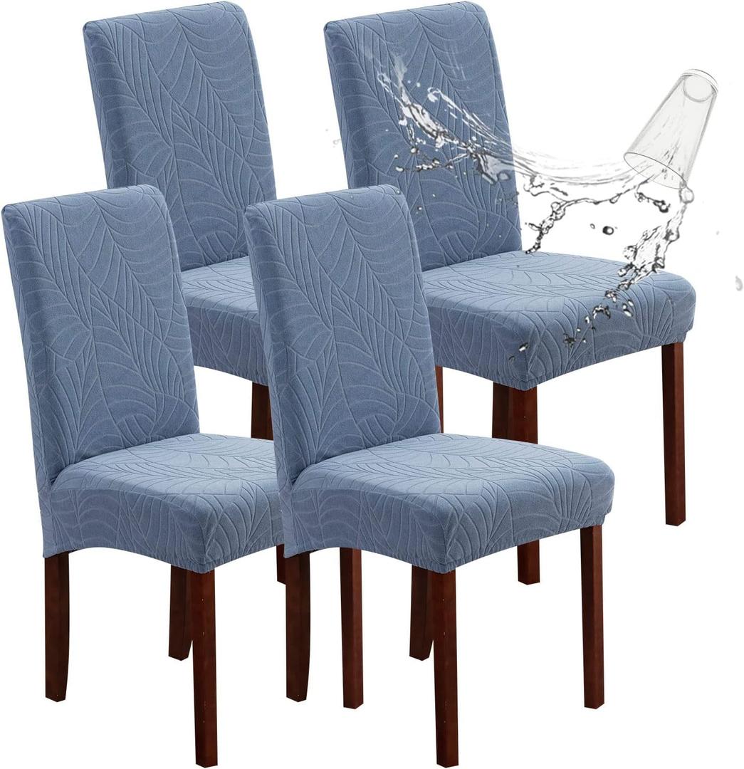 Genina Waterproof Chair Covers for Dining Room, Stretch Jacquard Dining Chair Slipcovers Removable Washable Chair Protector for Kitchen, Hotel, Restaurant (Leaves-Light Blue, 4 PCS)