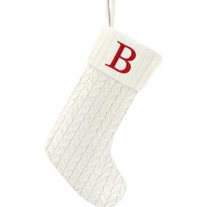 20 Inches Christmas Stockings with Initials,Knit Embroidered Letter White Christmas Stocking,Monogram Christmas Stocking for Famliy Holiday and Xmas Tree Fireplace (Letter-B)