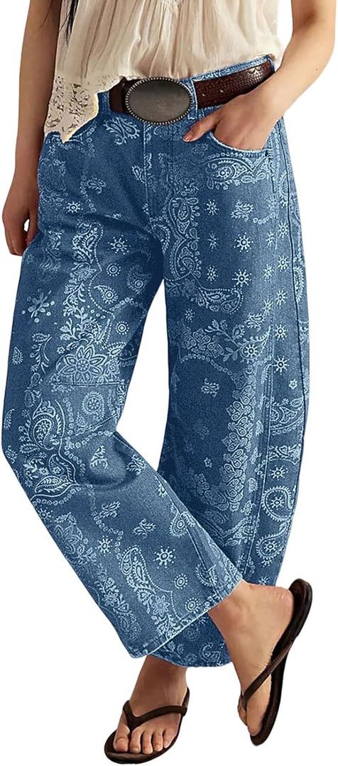 loveimgs Women Boyfriend Baggy Barrel Jeans Floral Print Denim Ankle Pants Wide Leg Mid Rise Jeans Sweatpants Y2k Patchwork, L