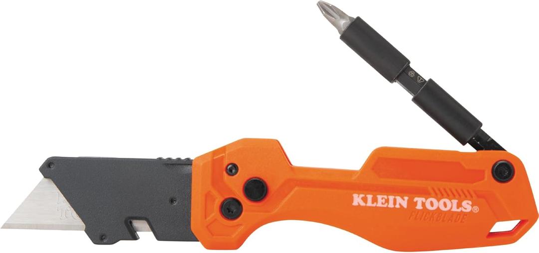 Klein Tools 44304 Folding FLICKBLADE Utility Knife, Compact, Removable Impact Driver, 1/4-Inch Nut Driver and #2 Phillips Bit