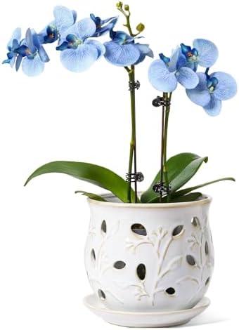 LE TAUCI Ceramic Orchid Pot, 6.5 Inch Orchid Pots with Holes, Orchid Planter for Repotting, Indoor Flower Plant Pot with Drainage and Saucer, Arctic White