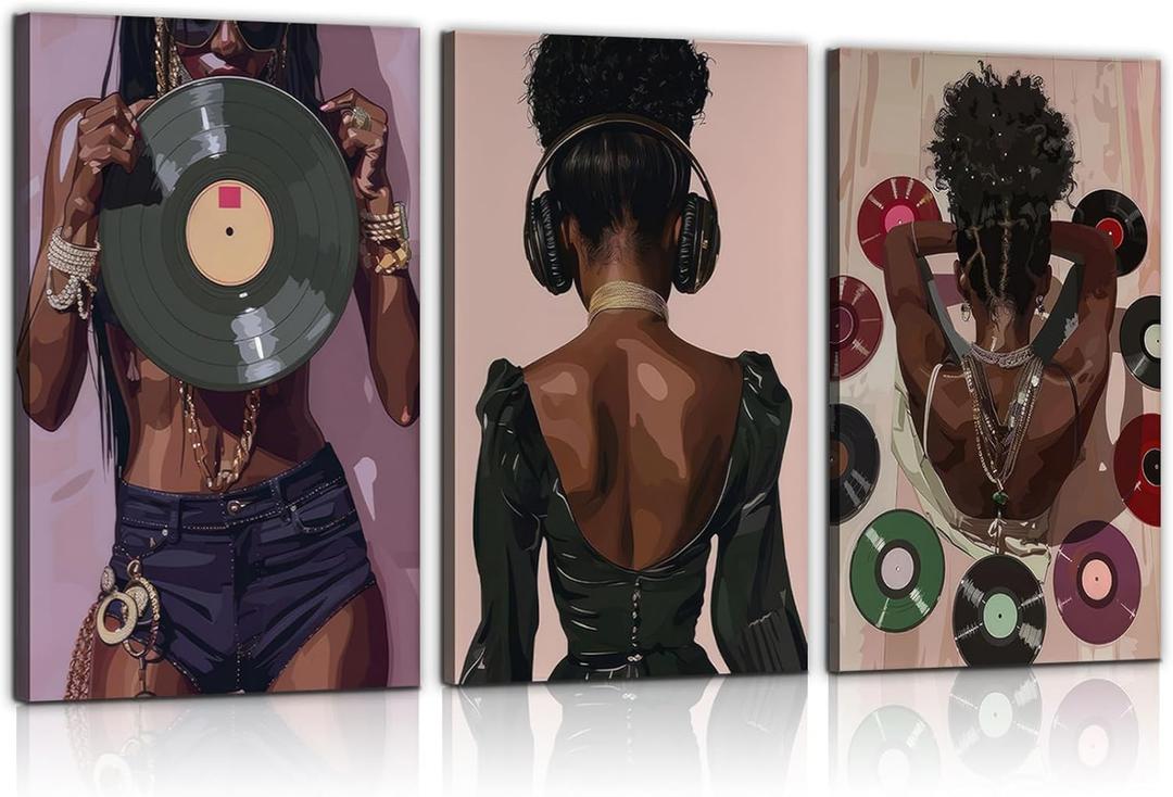 Set of 3 Black Woman Canvas Wall Art Fashion African American Women Wall Decor Abstract Girl Poster Prints Record Music Aesthetic Pictures for Bedroom Living Room Ready to Hang(16inx24in canvas)