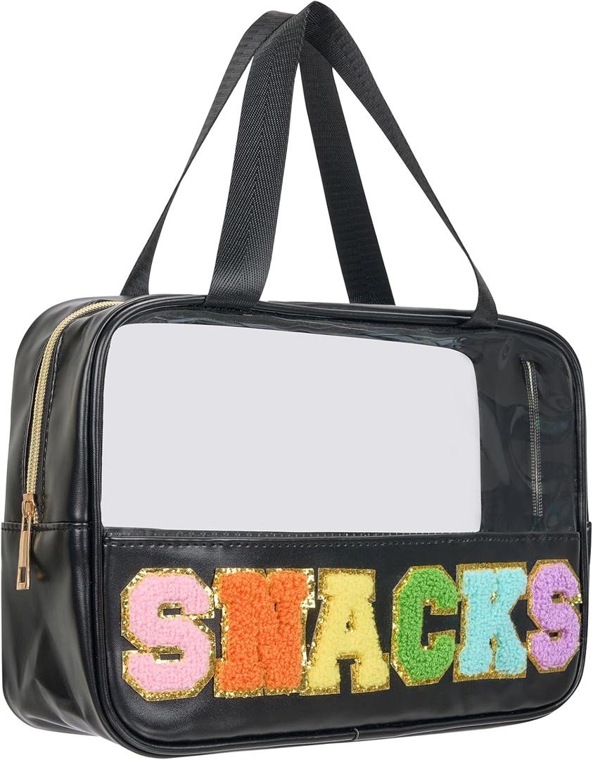 Snack Bags Chenille Letter Clear Makeup Bag Snacks Bags for Travel, Clear Snack Pouch, Preppy Cosmetic Bag, Sunscreen Bag, Travel Toiletry Pouches Cosmetic Pouch for Women and Girls