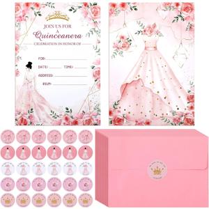 Woanger 24 Sets Pink Quinceanera Invitations Card with Envelopes Invitaciones Para 15 Aos Personalizados Stickers Crown Princess Rose Card for Sweet 15th Birthday Princess Party Invite