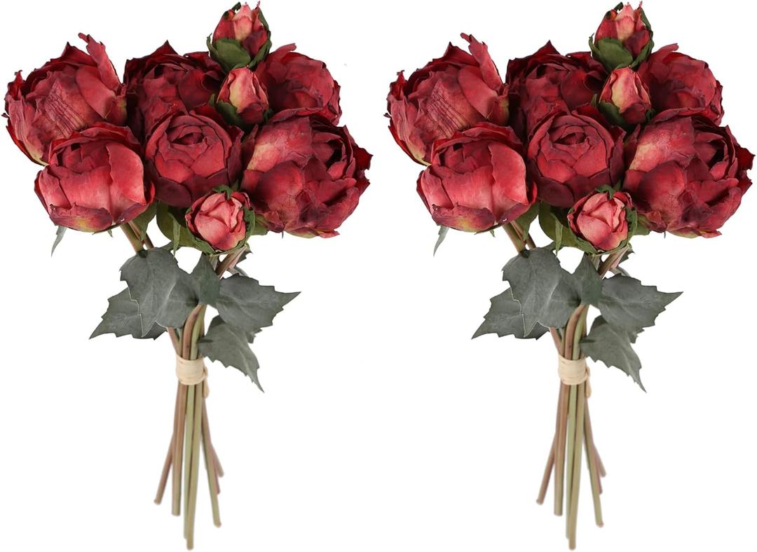 Peonies Artificial Flowers 2 Bouquets, Vintage Peonies 18pcs Silk Peonies with Stems Real Look Red Fake Peonies Flowers Artificial for Decoration for Wedding Bouquet (Red)