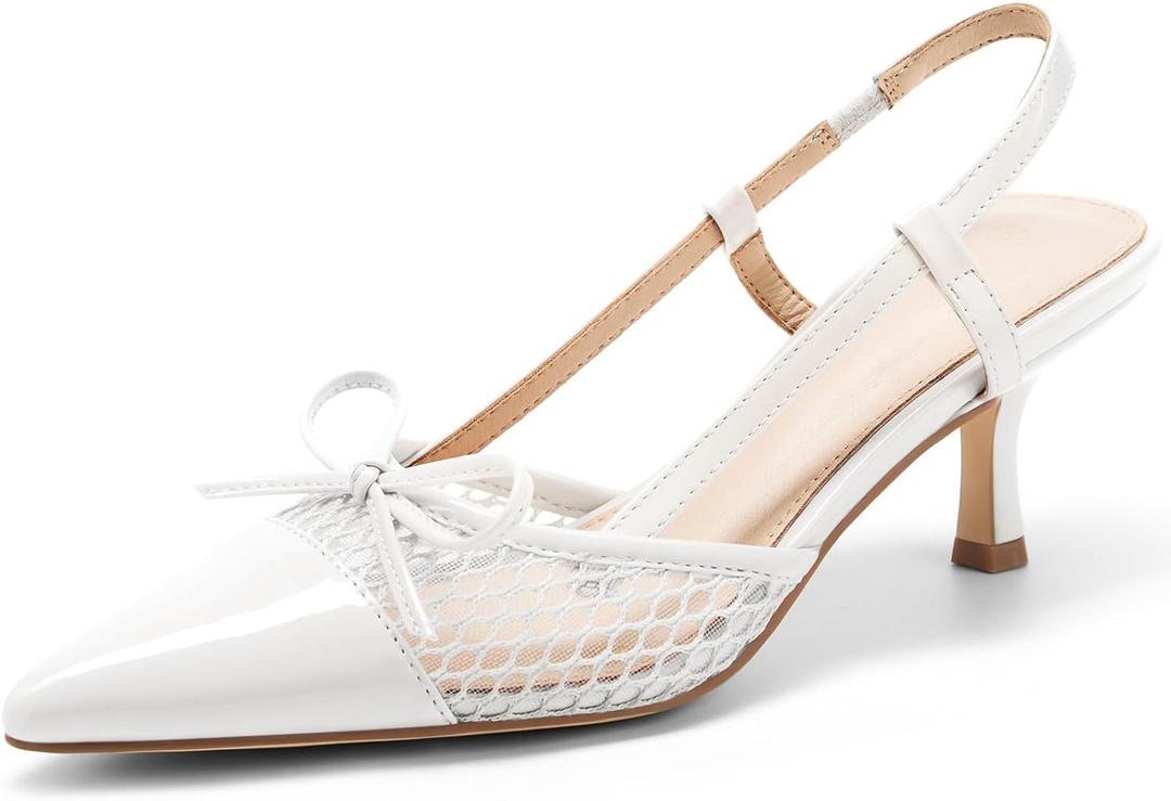 Coutgo Womens Bow Tie Slingback Pumps Pointed Toe Kitten Low Heel Patchwork Dress Heeled Sandals (9, Cool White)