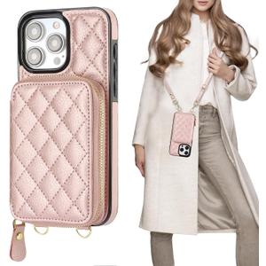 Bocasal Crossbody Wallet Case for iPhone 15 Pro Max, RFID Blocking PU Leather Zipper Handbag Purse Flip Cover, Kickstand Folio Case with Card Slots Holder Wrist Strap Lanyard 5G 6.7 Inch (Rose Gold)